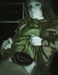  ... 1boy absurdres blank_stare coat coat_guy_(no_i&#039;m_not_a_human) deadpan green_scarf green_sweater highres hole_in_stomach hole_on_body katsumira lifting_own_clothes looking_at_viewer missing_fingernails no_i&#039;m_not_a_human open_clothes open_coat ribbed_shirt scarf shirt short_hair solo sweater 