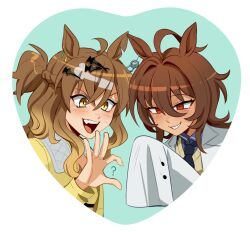  2girls agnes_tachyon_(tach-nology)_(umamusume) agnes_tachyon_(umamusume) ahoge animal_ears blush boro^2 brown_hair coat ear_ornament earrings fang four-finger_heart_hands grin hair_between_eyes hair_ornament hairclip heart heart_hands highres horse_ears horse_girl huge_ahoge jacket jewelry jungle_pocket_(champion's_battle_cry)_(umamusume) jungle_pocket_(umamusume) lab_coat long_sleeves looking_at_viewer medium_hair multiple_girls necktie notched_ear open_mouth red_eyes shirt short_necktie single_earring sleeves_past_fingers sleeves_past_wrists smile sweater sweater_vest teeth umamusume white_coat yellow_eyes yellow_jacket yellow_sweater yellow_sweater_vest 