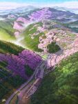  blue_sky building cherry_blossoms clouds commentary_request day ground_vehicle highres mountain mugumo_24k nara_(city) no_humans original outdoors power_lines railroad_tracks road scenery signature sky train train_station train_station_platform 