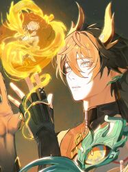  2boys aqua_eyes arms_up black_gloves black_hair black_shirt caelus_(honkai:_star_rail) collared_shirt commentary curled_up dan_heng_(honkai:_star_rail) dan_heng_(permansor_terrae)_(honkai:_star_rail) ear_covers english_commentary fingerless_gloves floating gloves grey_hair hair_between_eyes highres honkai:_star_rail honkai_(series) horns long_hair looking_at_another male_focus mini_person miniboy moonya multiple_boys official_alternate_costume parted_lips pointy_ears ponytail shirt single_ear_cover teeth trailblazer_(honkai:_star_rail) upper_body yellow_horns zipper 