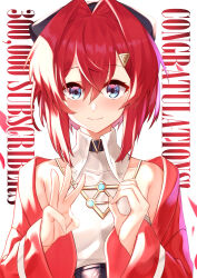  1girl absurdres ange_katrina ange_katrina_(2nd_costume) armpit_crease black_bow blue_eyes blush bow closed_mouth collarbone collared_shirt commentary_request congratulations crossed_bangs double-parted_bangs english_text falling_petals finger_counting gold_necklace gradient_eyes hair_between_eyes hair_bow hair_intakes hair_ornament halter_shirt halterneck hands_up highres jacket jewelry lips long_bangs long_sleeves looking_at_viewer milestone_celebration multicolored_eyes necklace nijisanji open_clothes open_jacket petals pink_eyes red_hair red_jacket red_petals shirt shirt_tucked_in short_hair sleeveless sleeveless_shirt smile solo straight-on triangle_hair_ornament upper_body viet_(yomi0556) virtual_youtuber white_background white_shirt 