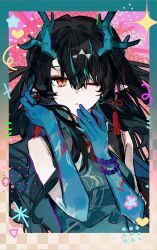  1girl absurdres arknights black_hair buqiyong china_dress chinese_clothes colored_skin dragon_girl dragon_horns dress dusk_(arknights) dusk_(everything_is_a_miracle)_(arknights) earrings gradient_skin green_hands green_horns green_skin highres horns jewelry long_hair looking_at_viewer one_eye_closed pointy_ears red_eyes solo tassel tassel_earrings 