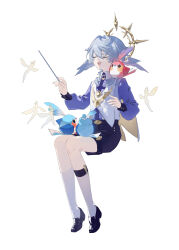  1boy absurdres aged_down animal_on_shoulder bird bird_on_lap bird_on_shoulder black_shoes black_shorts cape chinese_commentary closed_eyes collared_shirt commentary conductor_baton fairy full_body gold_halo hair_between_eyes halo halo_behind_head highres holding_baton honkai:_star_rail honkai_(series) invisible_chair loafers male_focus music open_mouth plantar_flexion puffy_sleeves purple_shirt shirt shoes short_hair shorts simple_background singing sitting solo sunday_(honkai:_star_rail) teeth tiptoes upper_teeth_only vest white_background white_hair white_vest zhizhicyzey 