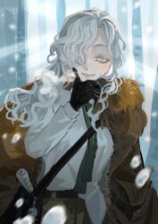  1girl absurdres arm_out_of_sleeve backlighting bag black_bag black_gloves brown_coat coat curly_hair gloves green_necktie grey_eyes grin hair_over_one_eye hand_on_own_chin highres long_hair mole mole_under_mouth necktie one_eye_covered raysse reverse:1999 shirt shoulder_bag smile snowing solo tree upper_body white_hair white_shirt windsong_(reverse:1999) 