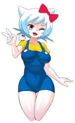 1girl animal_ears blue_overalls bow breasts cat_ears hello_kitty hello_kitty_(character) highres humanization minus8 one_eye_closed open_mouth overalls pale_skin personification red_bow sanrio short_hair short_sleeves shorts simple_background solo v white_background white_hair wink yellow_eyes yellow_shirt yellow_sleeves