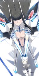  1girl absurdres bakuzan black_hair blue_eyes breasts commentary from_above highres hitempo junketsu kamui_(kill_la_kill) kill_la_kill kiryuuin_satsuki life_fiber long_hair revealing_clothes solo sword thick_eyebrows weapon 