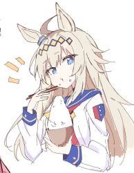  1girl ahoge akure1129 animal_ears blue_eyes blue_sailor_collar bowl brooch chopsticks ear_ornament eating food food_on_face grey_hair holding holding_chopsticks horse_ears horse_girl jewelry looking_at_viewer neckerchief oguri_cap_(starlight_beat)_(umamusume) oguri_cap_(umamusume) red_neckerchief rice_bowl sailor_collar sketch solo star_brooch surprised umamusume 