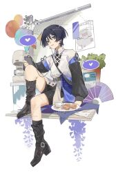  1boy alternate_costume arm_at_side arm_cutout balloon belt belt_buckle black_belt black_boots black_shorts black_sleeves blunt_ends boots bread buckle bunting casual clothing_cutout coffee_cup_print coffee_maker collared_shirt contemporary cross-laced_clothes cross-laced_top cup earphones eyelashes folding_fan food full_body genshin_impact hand_fan hand_on_own_knee hand_up heart highres holding image_sample knee_up layered_sleeves long_sleeves looking_at_viewer male_focus parted_lips plant plate potted_plant purple_sleeves scaramouche_(genshin_impact) shimianaya shirt shoe_belt shorts sitting solo spoken_heart teeth upper_teeth_only violet_eyes watermark watermark_grid white_shirt wispy_bangs 