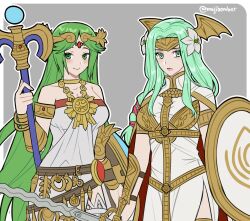  2girls closed_mouth dress fire_emblem fire_emblem:_three_houses green_eyes green_hair highres holding holding_staff long_hair looking_at_viewer maji_(majibomber) multiple_girls palutena rhea_(fire_emblem) staff white_dress 