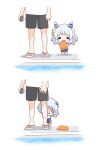  1boy 1girl absurdres animal_ears blue_hair blush chibi chokueji clenched_hand commentary_request head_out_of_frame hiding highres hishi_miracle_(umamusume) horse_ears horse_girl medium_hair open_mouth pool scared school_swimsuit shorts simple_background standing stopwatch swimsuit umamusume white_background 