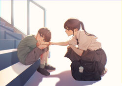  1boy 1girl absurdres age_difference bag_charm black_bag black_skirt brown_eyes brown_hair capri_pants charm_(object) chromatic_aberration collared_shirt commentary_request green_shirt grey_pants hand_on_another&#039;s_arm hetero highres injury light_blush looking_at_another looking_to_the_side macaronk original pants scrape shirt shoes short_sleeves sitting sitting_on_stairs skirt sneakers squatting stairs t-shirt tearing_up white_shirt 