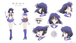  1girl back_bow bishoujo_senshi_sailor_moon boots bow bowtie choker circlet closed_eyes collarbone commentary elbow_gloves english_commentary full_body gloves high_heel_boots high_heels highres looking_at_viewer magical_girl medium_hair miniskirt multiple_girls open_mouth outer_senshi purple_boots purple_choker purple_hair purple_sailor_collar purple_skirt red_bow red_bowtie reference_sheet sailor_collar sailor_saturn sailor_senshi sailor_senshi_uniform sidney_deng signature simple_background skirt tomoe_hotaru upper_body violet_eyes white_background white_gloves 