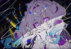  1girl alternate_hair_color aqua_hair beret bright_pupils capelet chromatic_aberration covering_own_mouth crazy crazy_eyes crying crying_with_eyes_open drill_hair glitch gold_blood gradient_hair hair_intakes hat honkai:_star_rail honkai_(series) hyacine_(honkai:_star_rail) interlocked_fingers medium_hair multicolored_hair own_hands_together purple_capelet ringed_eyes solo syarou tears twin_drills twitter_username two-tone_hair upper_body violet_eyes white_hair white_hat 
