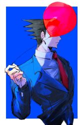  1boy ace_attorney balloon blue_background blue_jacket border collared_shirt covered_face cropped_torso hashtag-only_commentary highres holding holding_balloon jacket long_sleeves male_focus necktie parted_lips phoenix_wright red_necktie retortbox shirt simple_background solo white_border white_shirt 