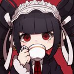  1girl black_hair black_jacket blunt_bangs blush bonnet celestia_ludenberg claw_ring cup danganronpa:_trigger_happy_havoc danganronpa_(series) drill_hair drinking earrings frills gothic_lolita hair_ribbon hand_up holding holding_cup jacket jewelry lolita_fashion long_hair long_sleeves looking_at_viewer necktie open_clothes open_jacket print_necktie red_background red_eyes red_necktie ribbon signature simple_background solo twin_drills twintails upper_body white_ribbon yukino_super 