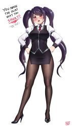  1girl absurdres black_pantyhose black_shoes blush breasts commentary_request finalcake fine_fabric_emphasis full_body hands_on_own_hips high_heels highres jill_stingray large_breasts necktie pantyhose pencil_skirt puffy_sleeves purple_hair purple_skirt red_eyes red_necktie shirt shoes simple_background skirt solo translation_request twintails va-11_hall-a vest white_background white_shirt 