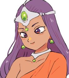 1girl alternate_eye_color asymmetrical_dress circlet dark-skinned_female dark_skin dragon_quest dragon_quest_iv dress earrings forehead_jewel gan2 gem green_gemstone highres jewelry light_blush long_dress long_hair long_sleeves looking_down minea_(dq4) neck_ring orange_dress purple_hair silver_circlet single_bare_shoulder single_sleeve smile solo sphere_earrings upper_body violet_eyes 
