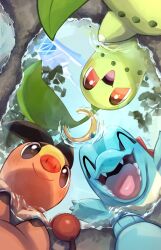  3others absurdres black_eyes blush bracelet chikorita closed_eyes crocodilian fangs highres jewelry leaf mega_stone multiple_others no_humans nullma open_mouth outdoors pig pokemon pokemon_(creature) pokemon_focus red_eyes reflection reflective_water sharp_teeth smile starter_pokemon_trio tail teeth tepig totodile water 