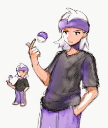  1boy asuka_rkgk black_eyes closed_mouth commentary hand_in_pocket hand_up headband index_finger_raised looking_down male_focus medium_hair morty_(pokemon) multiple_views pants poke_ball pokemon pokemon_gsc purple_headband purple_pants shirt short_sleeves t-shirt white_background white_hair 
