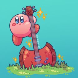  1boy adventure_time aimaay aqua_background artist_name blush_stickers closed_mouth gradient_background grass guitar highres holding holding_instrument instrument kirby kirby_(series) smile solo star_(symbol) 