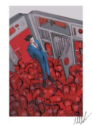  1boy ace_attorney arms_behind_back black_hair black_shoes blue_jacket blue_pants border collared_shirt fire_extinguisher from_above full_body highres jacket male_focus necktie pants phoenix_wright red_necktie retortbox shirt shoes solo white_border white_shirt wide_shot 