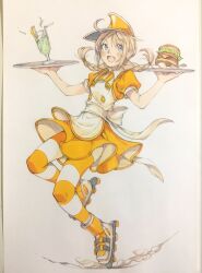  1girl apron blonde_hair braid burger buttons cocktail_glass cup double-breasted dress drinking_glass drinking_straw food fruit full_body hashtag-only_commentary highres holding holding_tray lemon lemon_slice looking_at_viewer open_mouth orange_dress orange_thighhighs original painting_(medium) peter_salt puffy_short_sleeves puffy_sleeves roller_skates short_sleeves skates solo striped_clothes striped_thighhighs thigh-highs traditional_media tray twin_braids two-tone_thighhighs waitress white_apron white_thighhighs 