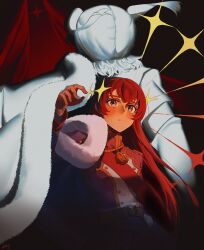  2girls absurdres aijou_karen arm_at_side artist_name belt belt_buckle blush brown_eyes brown_hair buckle closed_mouth commentary curtains english_commentary epaulettes facing_away floating_hair floating_headgear fur-trimmed_jacket fur_trim hand_up headgear highres indoors jacket jacket_on_shoulders kagura_hikari ling_(chaaaaanhikari) long_hair long_sleeves looking_at_viewer multicolored_jacket multiple_girls partially_colored purple_jacket red_sash sash shade short_hair shoujo_kageki_revue_starlight shoulder_sash sparkle stage_curtains standing tassel two-tone_jacket two_side_up upper_body very_long_hair white_jacket yellow_belt 