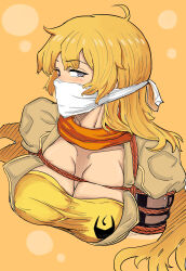  1girl absurdres arms_behind_back bdsm blonde_hair bondage bound bound_arms breasts cloth_gag gag gagged highres improvised_gag long_hair orange_scarf over_the_nose_gag red_rope restrained rope rwby scarf shibari shibari_over_clothes violet_eyes wei_suo_biao_shu yang_xiao_long 