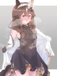  1girl absurdres animal_ears armpits blush braid breasts brown_eyes brown_hair curren_bouquetd'or_(umamusume) hair_between_eyes hair_ornament highres horse_ears horse_girl horse_tail kumakuma19193 looking_at_viewer simple_background small_breasts solo steaming_body sweat tail umamusume undressing 