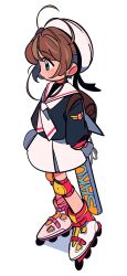  1girl antenna_hair backpack bag black_jacket brown_hair cardcaptor_sakura chueog commentary full_body green_eyes hat highres jacket kinomoto_sakura looking_to_the_side roller_skates sailor_collar school_uniform simple_background skates skirt solo standing symbol-only_commentary tomoeda_elementary_school_uniform white_background white_hat white_sailor_collar white_skirt 