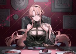  1girl alcohol arm_under_breasts bema_(sinsekai) bokyo breast_strap breasts brown_hair cake cake_slice champagne_flute character_name chocolate_cake closed_mouth commentary_request copyright_name cup drinking_glass earrings food fork grey_hair grey_nails hair_ornament heterochromia holding holding_fork indoors jewelry kamitsubaki_studio knife long_hair meat medium_breasts nail_polish official_art parted_bangs picture_frame pink_hair pov_across_table red_wine ring second-party_source sinsekai_record solo table upper_body very_long_hair virtual_youtuber wine 