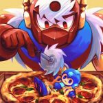  1boy artist_name character_doll food highres humanoid_robot laser-lance looking_away looking_down mega_man_(character) mega_man_(classic) mega_man_(series) mega_man_2 metal_man pepperoni pizza pizza_cutter red_eyes robot solo 