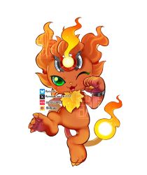  :3 coronamon digimon digimon_(creature) fire full_body green_eyes highres lion one_eye_closed open_mouth simple_background solo twitter_username white_background youzaiyouzai112 