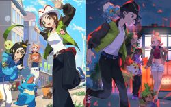  1girl 2boys absurdres ahoge baguette bell-bottoms belt bird black_hair black_hat blonde_hair blue_belt blue_eyes blue_hoodie blue_shirt bread breasts brown_eyes brown_hair brown_jacket building chespin chikorita closed_eyes closed_mouth colored_sclera crop_top cropped_shirt cube_hair_ornament dark-skinned_male dark_skin day earclip fangs fennekin fletchling food fox froakie gradient_hair green_jacket grey_eyes grin hair_bun hair_ornament harmony_(pokemon) hat highres holding hood hood_down hoodie hsin jacket leaf leggings lida_(pokemon) long_hair long_sleeves looking_at_viewer lumiose_city midriff multicolored_hair multiple_boys multiple_girls naveen_(pokemon) navel night night_sky on_shoulder open_clothes open_jacket open_mouth orange_leggings outdoors pants paxton_(pokemon) pink_hair pokemon pokemon_(creature) pokemon_legends:_z-a pokemon_on_shoulder prism_tower red_eyes red_shirt ribbed_shirt sharp_teeth shirt shoes short_hair shorts sky smile spritzee striped_hat tail taunie_(pokemon) teeth tepig topknot totodile tree turtleneck two-tone_legwear urbain_(pokemon) white_hat white_jacket white_leggings white_shirt white_shorts wispy_bangs yellow_sclera 