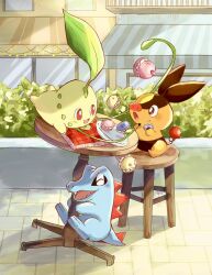  blush brown_eyes chair chikorita closed_eyes commentary_request day food highres katiwari7293 leaf macaron no_humans open_mouth outdoors plant plate pokemon pokemon_(creature) pokemon_focus red_eyes sharp_teeth sitting smile starter_pokemon_trio table teeth tepig totodile vines 