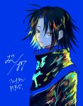  1boy asuhayaiba black_eyes black_hair blue_background commentary_request feitan_portor highres hunter_x_hunter long_sleeves looking_at_viewer male_focus short_hair simple_background solo 