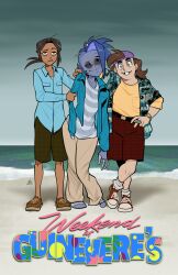  3girls andrea_(knights_of_guinevere) android backwards_hat beach belt blue_jacket blue_shirt dark-skinned_female dark_skin earrings english_commentary francesca_(knights_of_guinevere) hand_on_own_hip hat heart heart_earrings highres jacket jewelry knights_of_guinevere missing_tooth mole mole_under_eye multiple_girls mx._moz outdoors poster_parody princess_guinevere purple_hat shirt shoes sneakers standing striped_clothes striped_shirt sunglasses watch weekend_at_bernie's yellow_shirt 