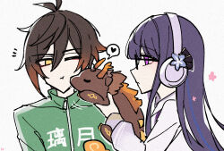  1boy 1girl absurdres blunt_bangs braid brown_hair c520gpss character_doll chinese_commentary closed_mouth couple creature doll friends genshin_impact glasses gradient_hair green_track_suit grey_background hair_between_eyes hair_ornament headphones heart highres holding hood hood_down leaning_to_the_side long_hair long_sleeves looking_at_another multicolored_hair no_pupils notice_lines official_alternate_costume one_eye_closed orange_eyes purple_hair purple_hood raiden_shogun raiden_shogun_(2nd_anniversary) rex_lapis_(genshin_impact) simple_background spoken_heart streaked_hair track_suit upper_body violet_eyes zhongli_(genshin_impact) 