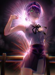  1girl absurdres aerial_fireworks black_ribbon chainsaw_man fence fireworks green_eyes grenade_pin grey_shirt hair_bun highres neck_ribbon night open_mouth outdoors purple_hair purple_shorts reze_(chainsaw_man) ribbon rounizm shirt shirt_tucked_in shorts sleeveless sleeveless_shirt solo wooden_fence 