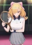  1girl absurdres armlet black_eyes blonde_hair bow closed_mouth commentary fiona_frost grey_skirt hair_bow hair_over_one_eye highres holding holding_racket omochiarts pink_bow pleated_skirt racket shirt skirt sleeveless sleeveless_shirt solo sportswear spy_x_family tennis_racket tennis_uniform white_shirt wig 