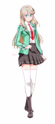 1girl aramis_high_school_uniform artist_name boots braid brown_hair crown_braid eiyuu_densetsu elaine_auclair full_body green_eyes hair_between_eyes jacket kuro_no_kiseki_(series) kuro_no_kiseki_i long_hair looking_at_viewer necktie open_clothes open_jacket over-kneehighs parted_bangs red_necktie school_uniform simple_background skirt socks solo tachi-e thigh-highs tie_clip white_background white_socks xiacheng_tatsuya 