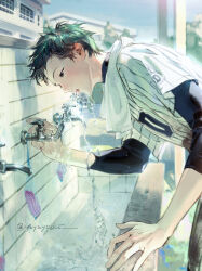  1boy artist_logo baseball_jersey baseball_uniform bent_over black_eyes black_hair black_shirt blue_sky blush brown_eyes building drinking drinking_fountain faucet fountain from_side hand_up highres jersey layered_sleeves logo long_sleeves looking_down male_focus open_mouth original outdoors school shirt short_hair short_over_long_sleeves short_sleeves signature sink sky soap solo spiky_hair sportswear standing striped_clothes tile_wall tiles towel towel_around_neck undershirt upper_body water water_drop wet wet_hair yayayoshi 