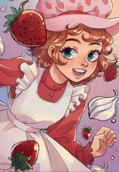  1girl :d apron brown_hair buttons chromatic_aberration clenched_hand commentary dress dutch_angle english_commentary film_grain fingernails food food_print freckles frilled_apron frilled_sleeves frills fruit fruit_print green_eyes hat highres laneichy lips long_sleeves looking_at_viewer open_mouth pink_background pink_hat puffy_long_sleeves puffy_sleeves red_dress short_hair simple_background smile solo strawberry strawberry_print strawberry_shortcake_(1980s) strawberry_shortcake_(character) strawberry_shortcake_(series) teeth thick_eyebrows tongue tooth_gap upper_body wavy_hair white_apron 