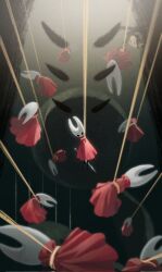  arthropod_girl black_eyes black_skin bound character_puppet cloak colored_skin highres holding holding_weapon hollow_eyes hollow_knight hollow_knight:_silksong horned_mask hornet_(hollow_knight) horns mask monhollow needle_(hollow_knight) puppet red_cloak thread tied_up_(nonsexual) weapon white_mask widow_(hollow_knight) 