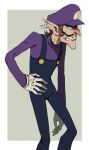  ._. 1boy big_nose brown_hair chin clenched_teeth commentary_request facial_hair gloves hand_on_own_hip hat highres long_sleeves male_focus mustache overalls pointy_ears shigeshiro_hideto simple_background slouching solo super_mario_bros. teeth waluigi white_gloves 