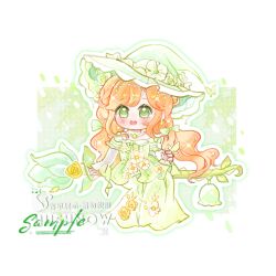  1girl beads bow broom broom_riding bug butterfly butterfly_hat_ornament butterfly_on_hand chibi chinese_commentary commentary_request commission dress dress_flower earrings eyelashes eyes_visible_through_hair flower frilled_headwear gem green_background green_bow green_butterfly green_dress green_eyes green_flower green_gemstone green_hat green_rose hair_beads hair_bow hair_flower hair_ornament happy hat hat_flower hat_ornament highres infinity_nikki jewelry jinwanhuimengjiankaoyuma layered_sleeves light_blush long_dress long_hair long_sleeves low_twintails necklace nikki_(series) off-shoulder_dress off_shoulder open_mouth orange_hair outline pendant_earring petals pleated_dress rainfall_&amp;_blossoms_(infinity_nikki) rose sample_watermark short_over_long_sleeves short_sleeves sitting sleeves_past_wrists smile solo swept_bangs tareme teeth twintails two-tone_background upper_teeth_only very_long_hair watermark wavy_hair white_background white_flower white_outline white_sleeves witch witch_hat yellow_flower yellow_rose 