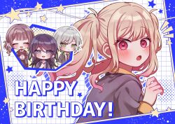  :d ^^^ black_hair blonde_hair blue_eyes blush bow bowtie brown_hair chibi chibi_inset commentary dot_nose english_text gradient_hair green_eyes grey_hair grey_jacket happy_birthday highres hinomori_shiho hoshino_ichika_(project_sekai) jacket lapels leo/need_(project_sekai) mochizuki_honami mu_ri003 multicolored_hair necktie notice_lines open_mouth pink_eyes pink_hair project_sekai smile star_(symbol) tenma_saki 