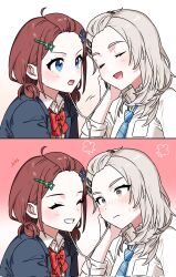  2girls bangs_pinned_back blue_eyes blue_jacket blue_necktie blush bow bowtie breast_pocket brown_hair closed_eyes closed_mouth collared_shirt commentary corrupted_twitter_file diagonal-striped_clothes diagonal-striped_necktie earphones girls_band_cry grey_eyes grey_hair gyaru habsida_(habsida_hpy) hair_ornament hairclip highres iseri_nina jacket kawaragi_momoka korean_commentary long_hair low_twintails multiple_girls necktie open_mouth parallel_hairclips pocket puff_of_air red_bow red_bowtie school_uniform shared_earphones shirt short_hair short_twintails striped_clothes sweatdrop twintails white_shirt 