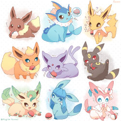  :3 :o ? artist_name blue_eyes blush bright_pupils brown_eyes brown_fur closed_mouth commentary_request eevee espeon fang fang_out flareon glaceon highres jolteon leafeon licking mugita_konomi multiple_tails no_humans open_mouth orange_fur poke_ball poke_ball_(basic) pokemon polka_dot polka_dot_background red_eyes sylveon tail two_tails umbreon vaporeon violet_eyes white_background white_pupils yellow_fur 