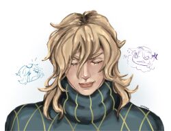  3boys anger_vein argyle_clothes argyle_sweater beanie blonde_hair closed_eyes cowboy_hat crying diego_brando doodle_inset english_commentary green_sweater gyjoballs gyro_zeppeli hat highres horseshoe_hat_ornament horseshoe_ornament johnny_joestar jojo_no_kimyou_na_bouken lips male_focus medium_hair multiple_boys simple_background steel_ball_run sweater tears turtleneck turtleneck_sweater white_background 